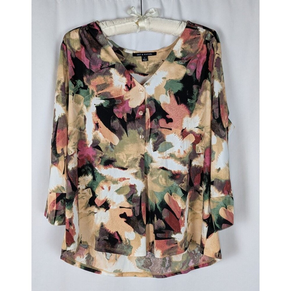 Zac & Rachel Abstract Watercolor Floral V-Neck Split Cuff Blouse L Artistic Boho